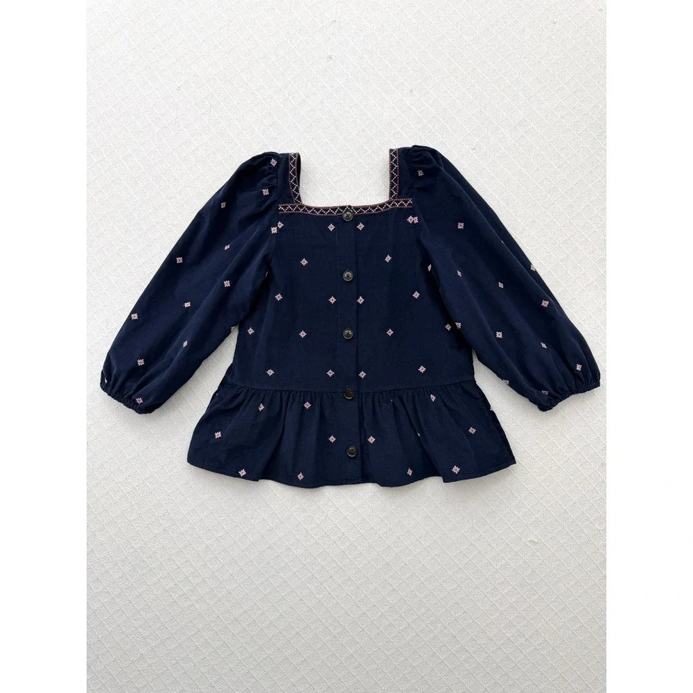 Madewell Embroidered Corduroy Button-Back Peplum Top Navy Puff Sleeve Small
